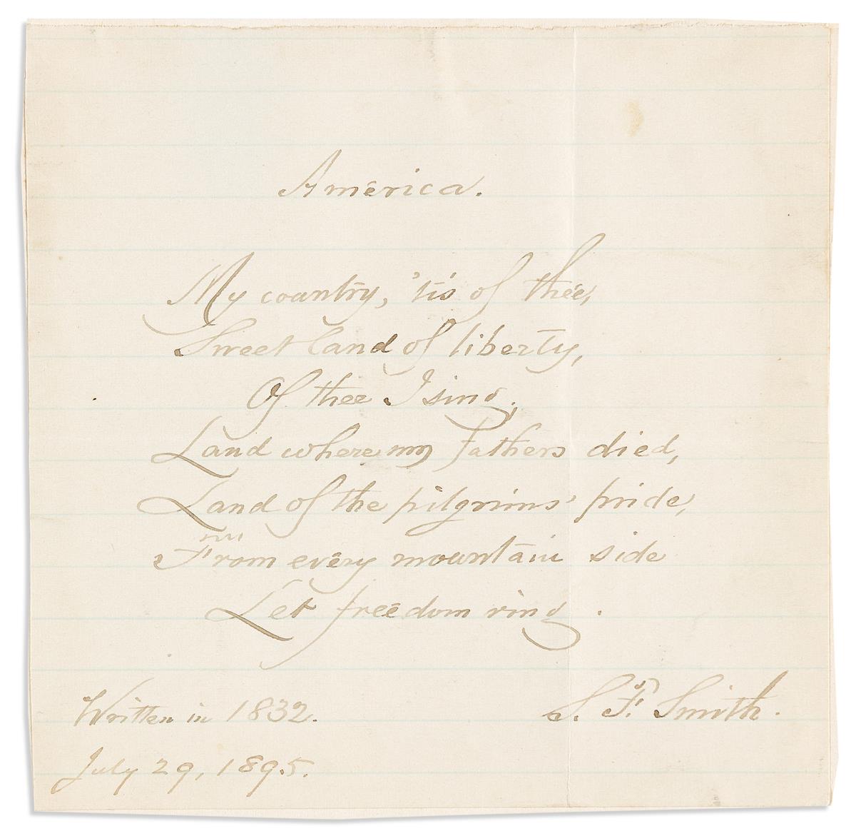 SMITH, SAMUEL FRANCIS. Autograph Quotation Signed, S.F. Smith, fair copy of the first stanza of his hymn, America.